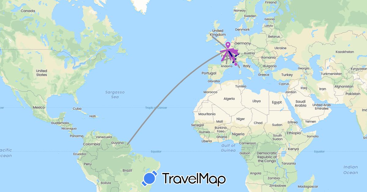 TravelMap itinerary: driving, plane, train in Switzerland, France, Ireland (Europe)